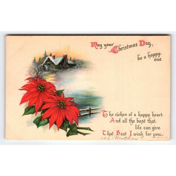 Vintage Christmas Postcard Poinsettias with Winter Cabin Scene - Picture 1 of 2
